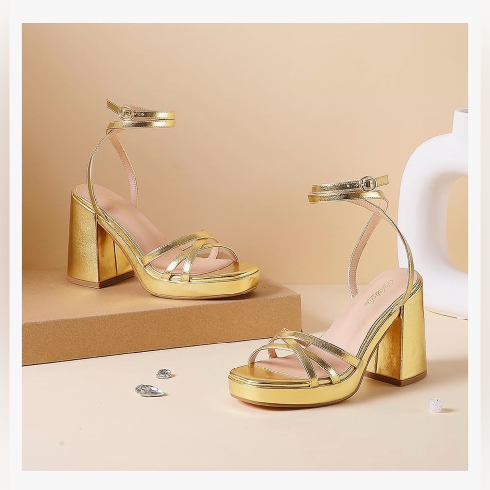 Gufobela Strappy Platform Heels with Lace up Ankle Strap (size 9)